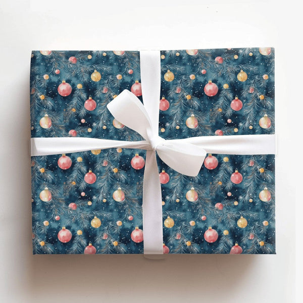 Dark Teal Christmas Gift Wrap, Red and Gold Ornament Wrapping Paper, Watercolor Pine Branch Wrapping Paper, Holiday Present W