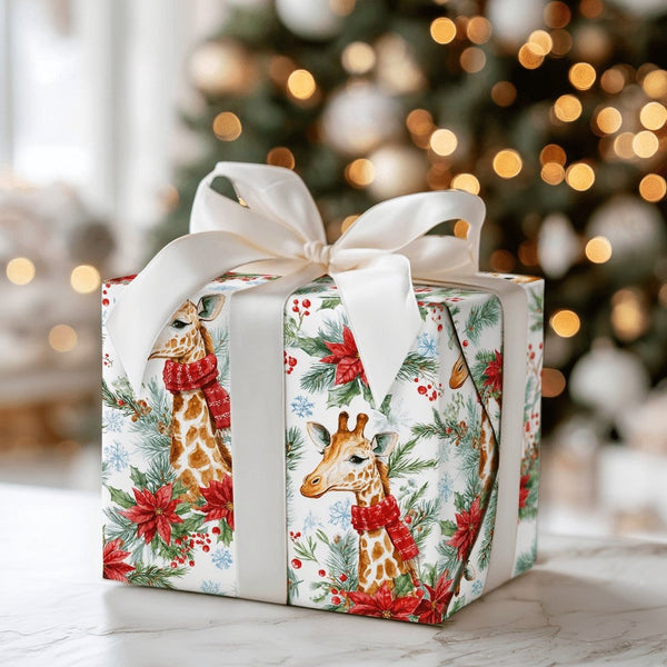 Watercolor Safari Animal Gift Wrap, Christmas Giraffe Wrapping Paper, Red Scarf Giraffe Wrapping Paper, Holiday Present Gift 