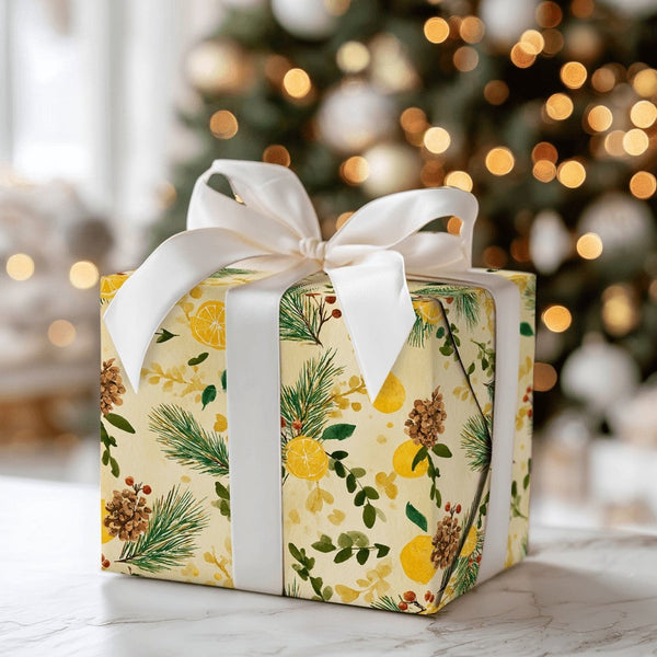 Pinecone Berry Holiday Gift Wrap, Watercolor Lemon Christmas Wrapping Paper, Botanical Winter Wrapping Paper, Citrus Festive 