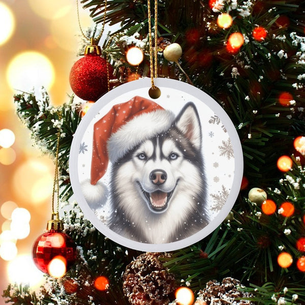 Santa Hat Dog Ceramic Ornament, Siberian Husky Christmas Ornament, Adorable Husky Tree Ornament, Winter Holiday Keepsake, Pre
