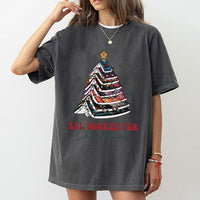 Festive Book Tree Graphic Tee, All Booked for Christmas T-Shirt, Adorable Holiday Reader Shirt, Winter Bookish Present for Bookworms