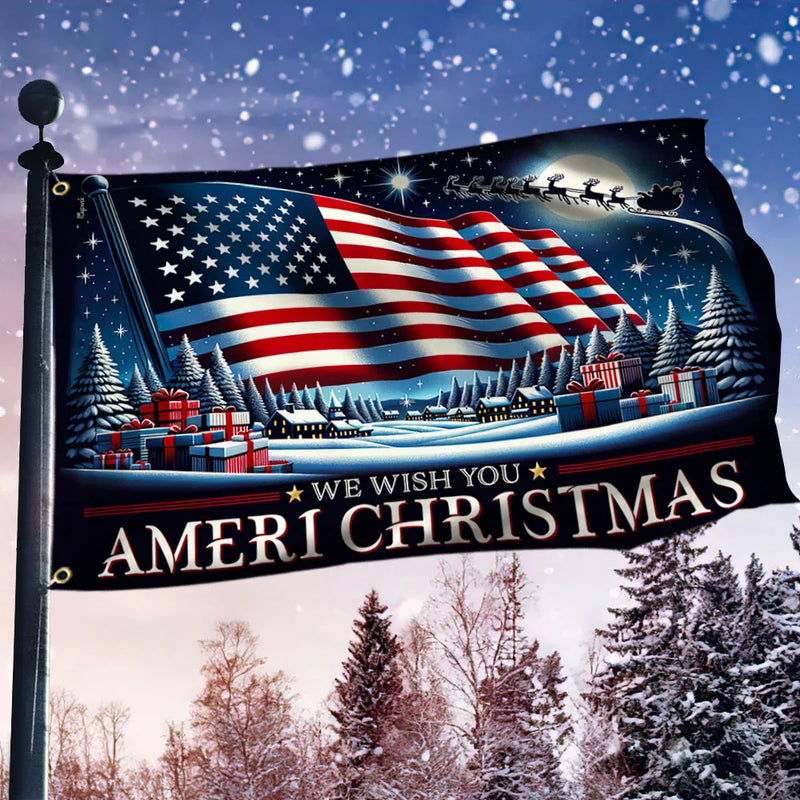 Patriotic Santa Sleigh Flag, Ameri Christmas House Flag, 4th of July in December Garden Flag, Winter Holiday Yard Decor Present