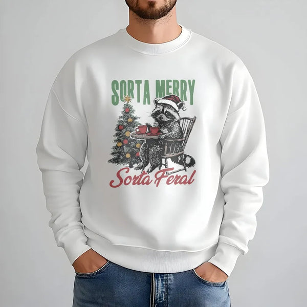 Humorous Christmas Animal Sweatshirt, Sorta Merry Sorta Feral Raccoon Sweatshirt, Sarcastic Holiday Crewneck, Winter Trash Pa
