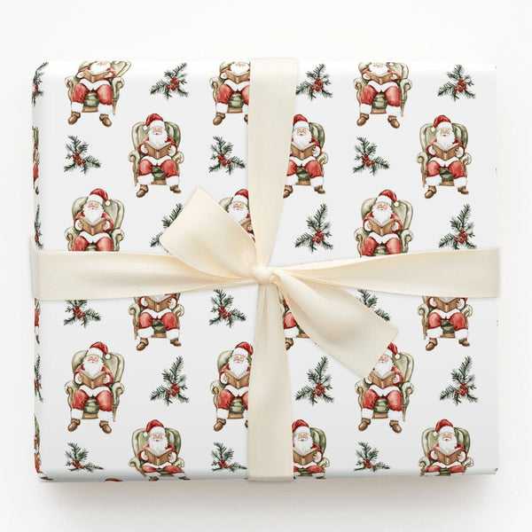 Comfy Bookish Christmas Gift Wrap, Reading Santa Claus Wrapping Paper, Watercolor Santa Present Wrap, Nostalgic Holiday Packa