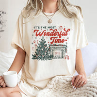 Fireplace and Tree Graphic Tee, Its the Most Wonderful Time Christmas T-Shirt, Nostalgic Holiday Shirt, Comfy Xmas Apparel for Women Men