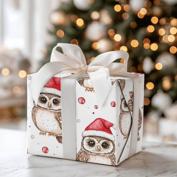 Santa Hat Animal Gift Wrap, Christmas Owl Wrapping Paper, Adorable Watercolor Bird Present Paper, Whimsical Holiday Gift Wrap