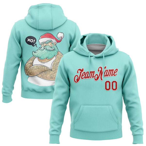 Ice Blue Red White Holiday Hoodie, Custom Christmas Santa Hoodie, Personalized Name Number Sweatshirt, Stitched Xmas Pullover
