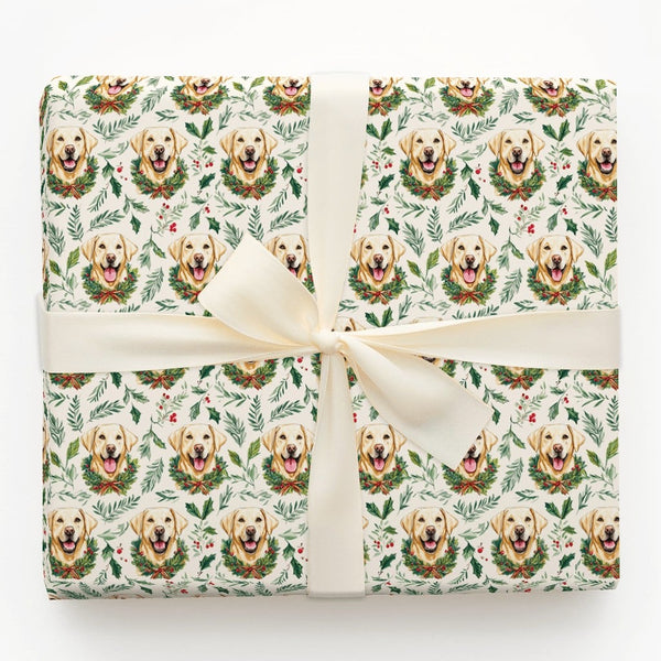 Christmas Wreath Dog Gift Wrap, Yellow Labrador Wrapping Paper, Holiday Holly Dog Wrapping Paper, Festive Pet Lover Gift Wrap