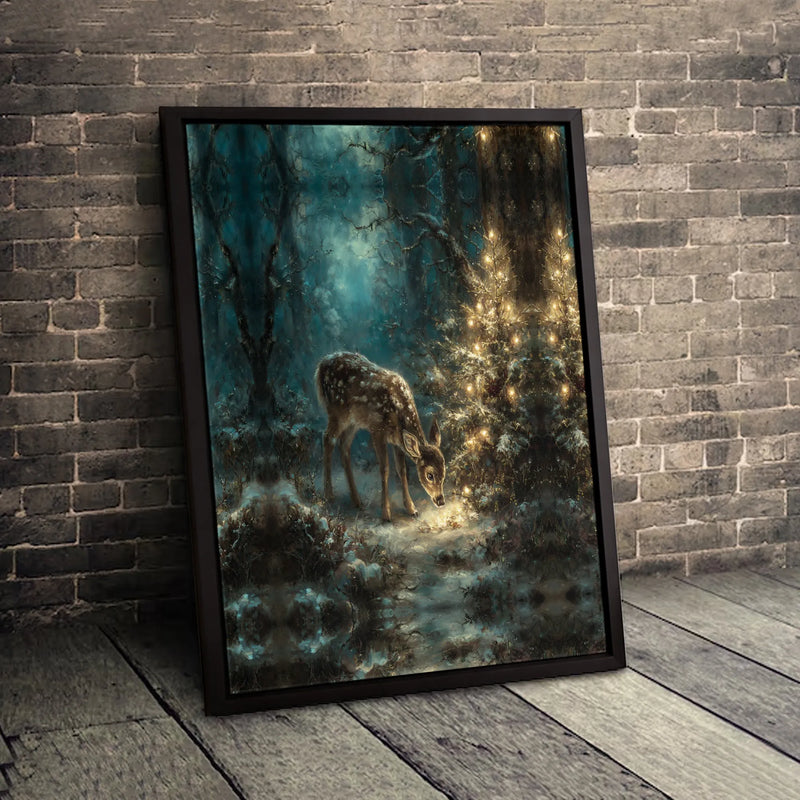 Christmas Forest Deer Canvas Print, Magical Winter Fawn Canvas Wall Art, Enchanted Holiday Fawn Canvas, Woodland Animal Winter Wall Decor