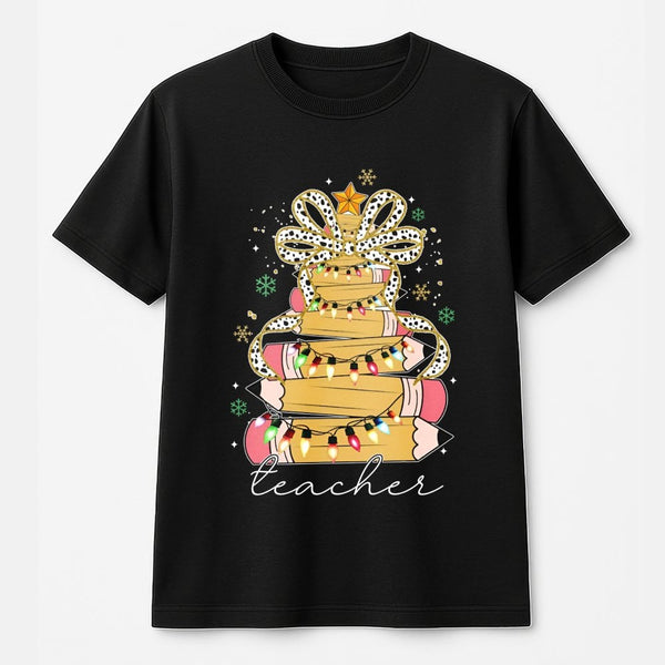 Adorable Educator Holiday Tee, Pencil Tree Bow Teacher Christmas Shirt, Festive School Christmas T-Shirt, Winter Graphic Shir