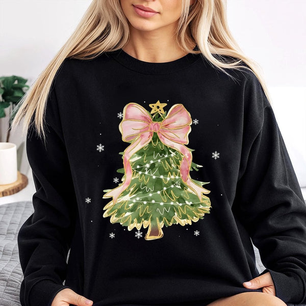 Comfy Holiday Tree Sweatshirt, Watercolor Bow Christmas Tree Sweatshirt, Preppy Xmas Graphic Crewneck, Christmas Sweatshirt P