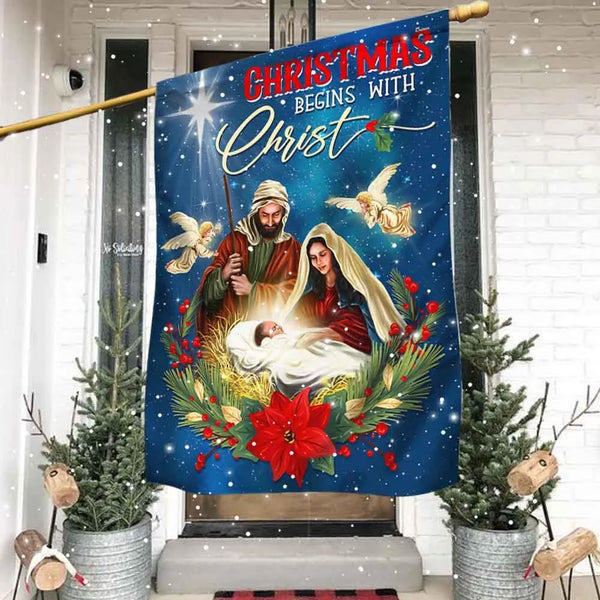 Nativity Scene Religious Yard Flag, Christmas Begins with Christ Holy Family Garden Flag, Double Sided Holiday Lawn Flag, Fai