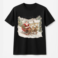 Classic Snowy Christmas Village Shirt, Vintage Santa Sleigh T-Shirt, Retro Holiday Sleigh Graphic Tee, Nostalgic Xmas Graphic T-Shirt