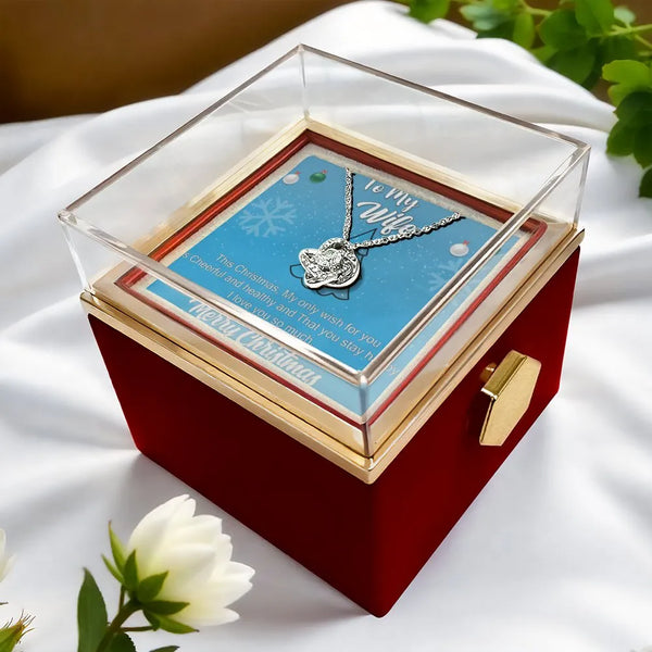 Rotating Rose Box Love Knot Pendant, Wife Love Knot Necklace, CZ Crystal Holiday Necklace, Romantic Christmas Jewelry Present