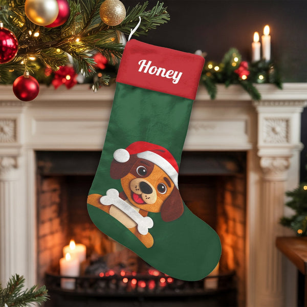 Adorable Puppy with Bone Holiday Stocking, Dog Santa Hat Christmas Stocking, Personalized Pet Xmas Stocking, Custom Dog Name 