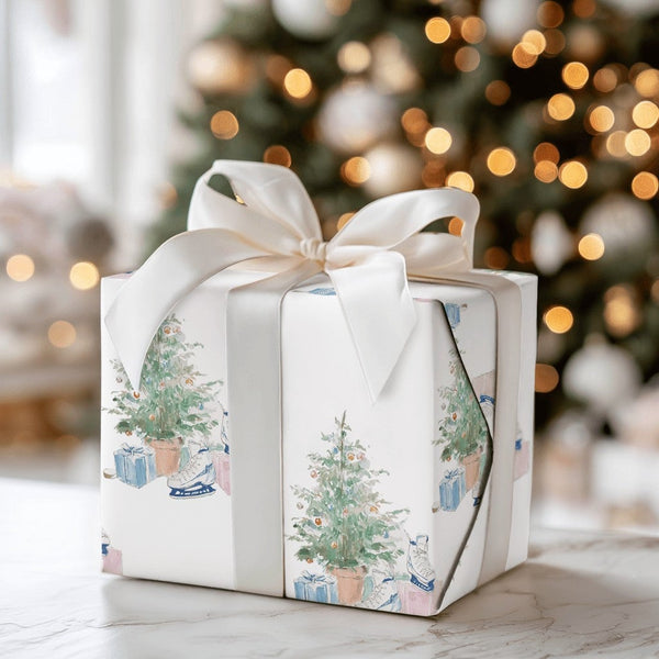 Watercolor Winter Gift Wrap, Christmas Tree Ice Skates Wrapping Paper, Pastel Holiday Paper, Festive Xmas Wrapping Paper, Win