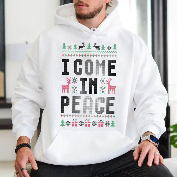 Humorous Holiday Pullover, I Come in Peace Ugly Christmas Hoodie, Alien Christmas Sweatshirt, Retro Xmas Hooded Sweater, Matc