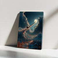 Christmas Wall Art Canvas, Santa Sleigh Flying Over Snow Village Canvas, Holiday Winter Scene Canvas Print