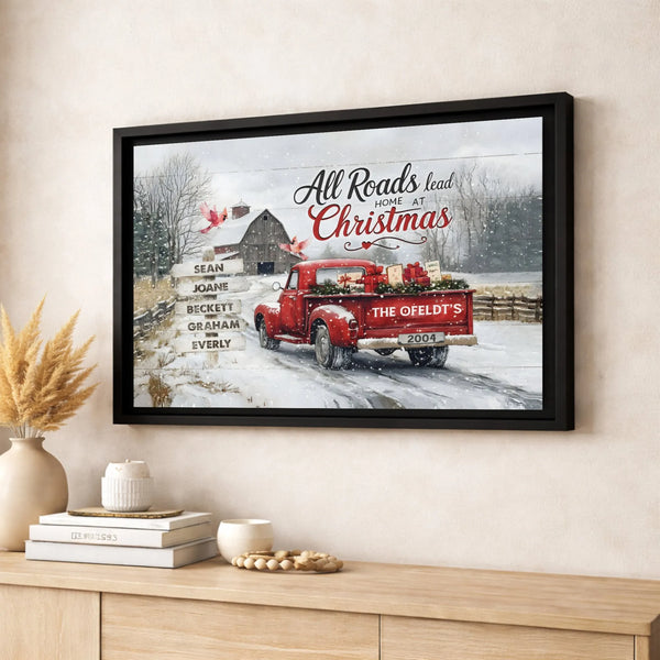 Red Truck Snowy Farmhouse Canvas Print, Personalized Christmas Canvas Art, Custom Family Name Wall Canvas, Holiday Winter Can