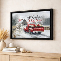 Red Truck Snowy Farmhouse Canvas Print, Personalized Christmas Canvas Art, Custom Family Name Wall Canvas, Holiday Winter Canvas Decor