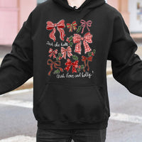 Festive Bow Graphic Sweatshirt, Deck the Halls Christmas Bows Hoodie, Coquette Holiday Hooded Pullover, Adorable Christmas Apparel Present