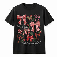 Retro Holiday Graphic Tee, Christmas Bow T-Shirt, Festive Deck the Halls Shirt, Adorable Coquette Christmas Shirt, Holiday Present for Her