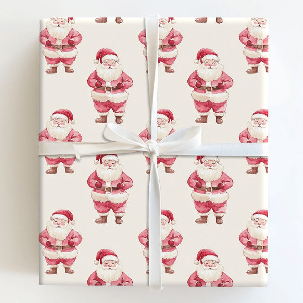 Vintage Christmas Gift Wrap, Watercolor Santa Claus Wrapping Paper, Retro Santa Present Wrap, Holiday Wrapping Paper, Family 