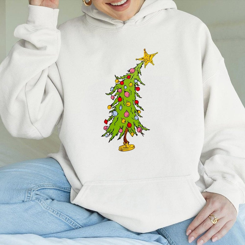 Humorous Whimsical Holiday Hoodie, Crooked Christmas Tree Hoodie, Adorable Xmas Tree Graphic Pullover, Winter Holiday Hoodie, Festive Party Present