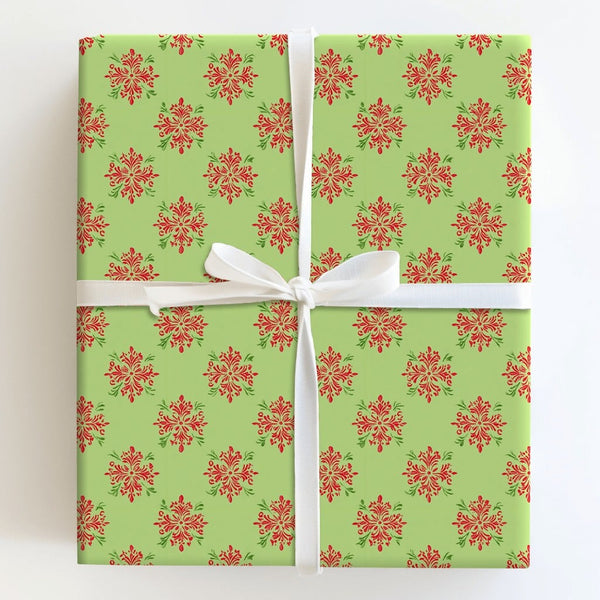 Lime Green Holiday Gift Wrap, Damask Snowflake Christmas Wrapping Paper, Red and Green Xmas Wrapping Paper, Winter Festive Gi