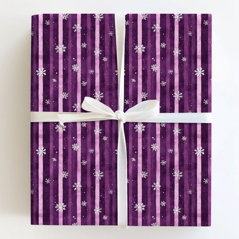 Watercolor Stripe Gift Wrap, Purple Snowflake Christmas Wrapping Paper, Plum and Lavender Winter Gift Wrap, Holiday Gift Wrapping Paper