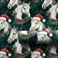 Equestrian Wreath Santa Gift Wrap, White Horse Christmas Wrapping Paper, Evergreen Holiday Horse Wrapping Paper, Festive Horse Gift Wrap
