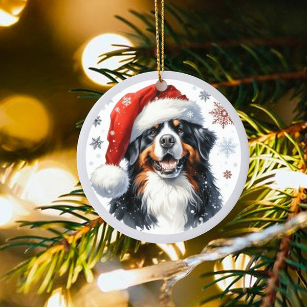 Santa Hat Dog Christmas Ornament, Bernese Mountain Dog Ornament, Ceramic Puppy Holiday Ornament, Berner Xmas Tree Decor, Dog 