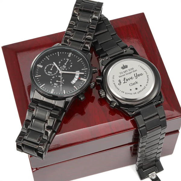 Engraved Black Stainless Steel Watch, Personalized Son Chronograph Watch, Mens Keepsake Watch, Birthday Present for Son, Chri