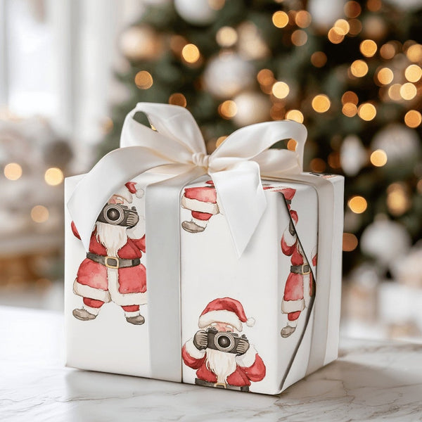Vintage Camera Christmas Gift Wrap, Photographer Santa Wrapping Paper, Watercolor Photographer Wrapping Paper, Camera Holiday