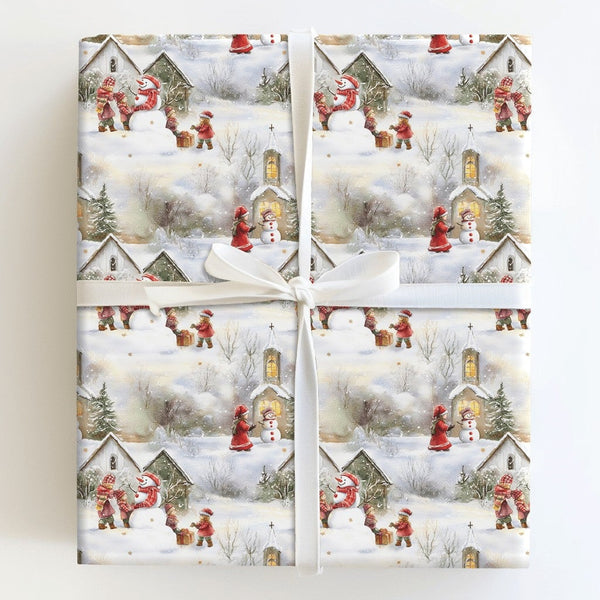 Snowy Town Holiday Gift Wrap, Vintage Village Christmas Wrapping Paper, Watercolor Xmas Wrapping Paper, Nostalgic Church Wint