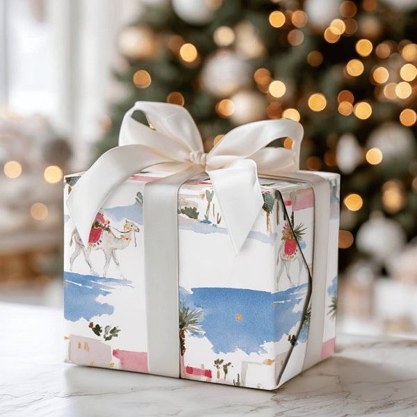 Watercolor Desert Christmas Wrapping Paper, Santa on Camel Gift Wrap, Southwest Holiday Gift Wrapping Paper, Whimsical Cactus