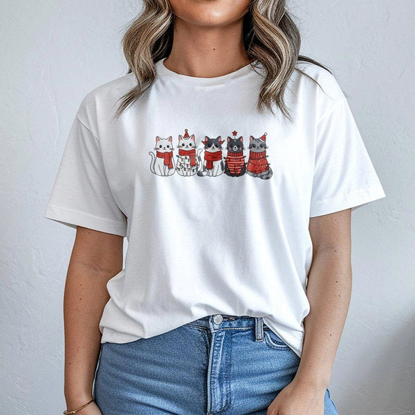 Festive Holiday Kitties Scarves Lights Shirt, Adorable Cat Christmas T-Shirt, Cat Lover Xmas Tee, Cat Mom Graphic Top, Winter