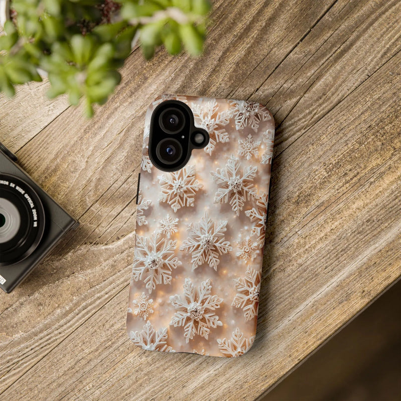 Golden Bokeh Winter Pattern Phone Case, White Snowflake iPhone Case, Festive Christmas Holiday Phone Cover, Comfy Snow Tough Case Present