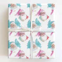 Pink and Teal Christmas Wrapping Paper, Watercolor Santa Wrapping Paper, Modern Santa Holiday Wrapping Paper Roll, Festive Present Gift Wrap