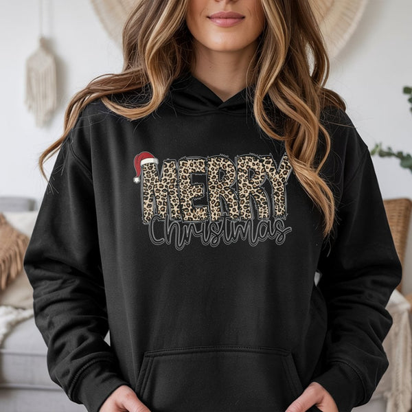 Leopard Santa Hat Holiday Hoodie, Merry Christmas Hoodie, Trendy Leopard Xmas Pullover, Comfy Winter Graphic Sweatshirt Hoodi