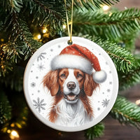 Dog in Santa Hat Ceramic Keepsake, Brittany Spaniel Christmas Ornament, Dog Portrait Tree Decor, Personalized Holiday Present for Dog Lovers