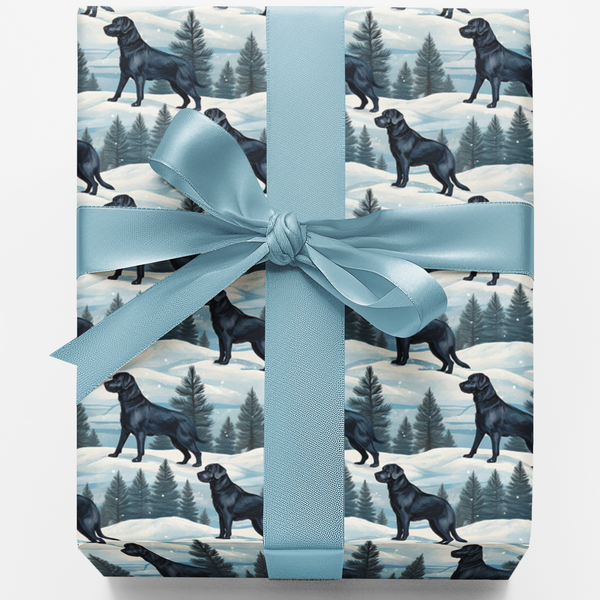 Winter Pine Forest Dog Gift Wrap, Black Labrador Wrapping Paper, Black Lab Christmas Wrapping Paper, Dog Lover Holiday Gift W