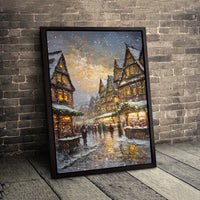 European Winter Village Canvas, Snowy Christmas Market Canvas Print, Holiday Street Oil Painting Wall Art, Festive Christmas Canvas Decor