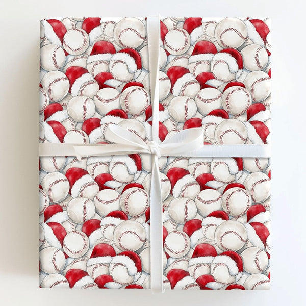 Sports Holiday Gift Wrap, Baseball Santa Hat Christmas Wrapping Paper, Watercolor Baseball Wrapping Paper, Festive Player Wra
