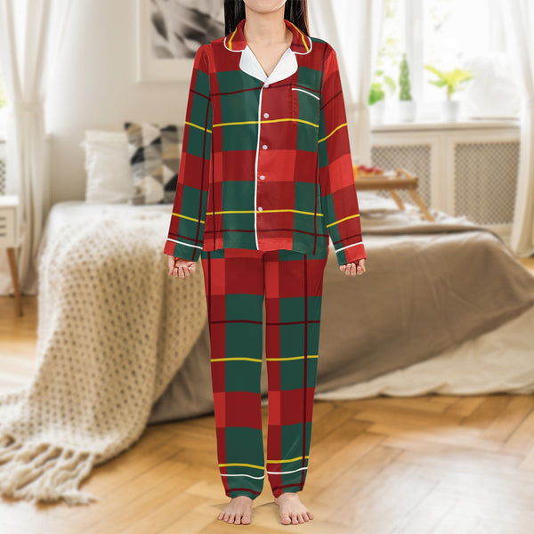 Red Green Tartan Pajamas, Christmas Plaid Satin Pajama Set, Silky Button Up Holiday Sleepwear, Winter Festive Pajama Pants