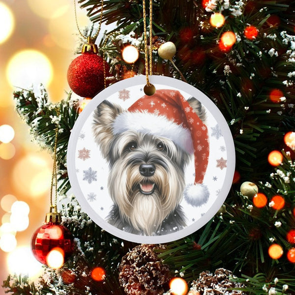 Santa Hat Dog Ornament, Schnauzer Christmas Ornament, Winter Snowflake Pet Ornament, Ceramic Dog Keepsake, Festive Holiday Lo