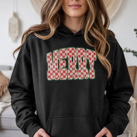 Retro Checkered Holiday Hoodie, Merry Christmas Hoodie, Red Text Winter Christmas Hoodie, Comfy Graphic Hooded Sweatshirt, Xmas Present for Her
