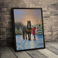 Girl and Pony Winter Snow Scene Painting Print, Christmas Horse Canvas Wall Art, Holiday Farmhouse Poster, Equestrian Digital Download Decor