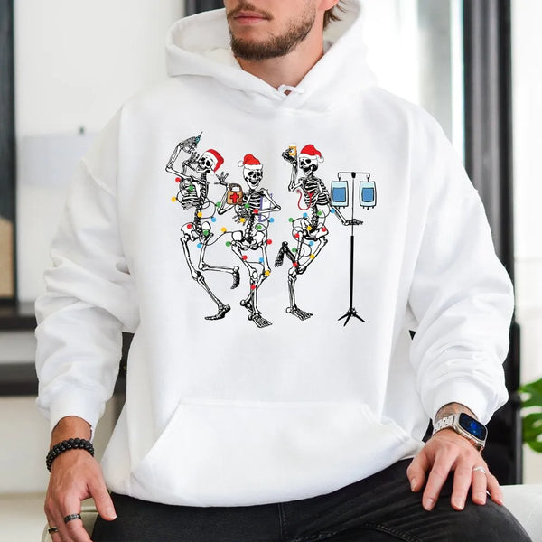 Humorous Medical Santa Skeleton Hooded Sweatshirt, Dancing Skeleton Nurse Christmas Hoodie, Healthcare Holiday Hoodie, Nurse 