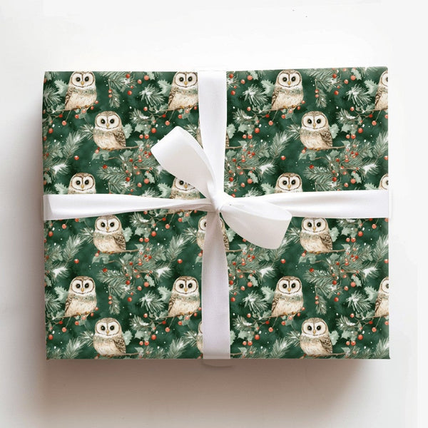 Watercolor Pine and Holly Gift Wrap, Woodland Owl Christmas Wrapping Paper, Forest Bird Holiday Paper, Nature Lover Present W